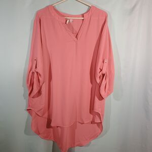 Pink High Low Blouse Roll Tab Sleeve Tunic V Neck Flowing Top